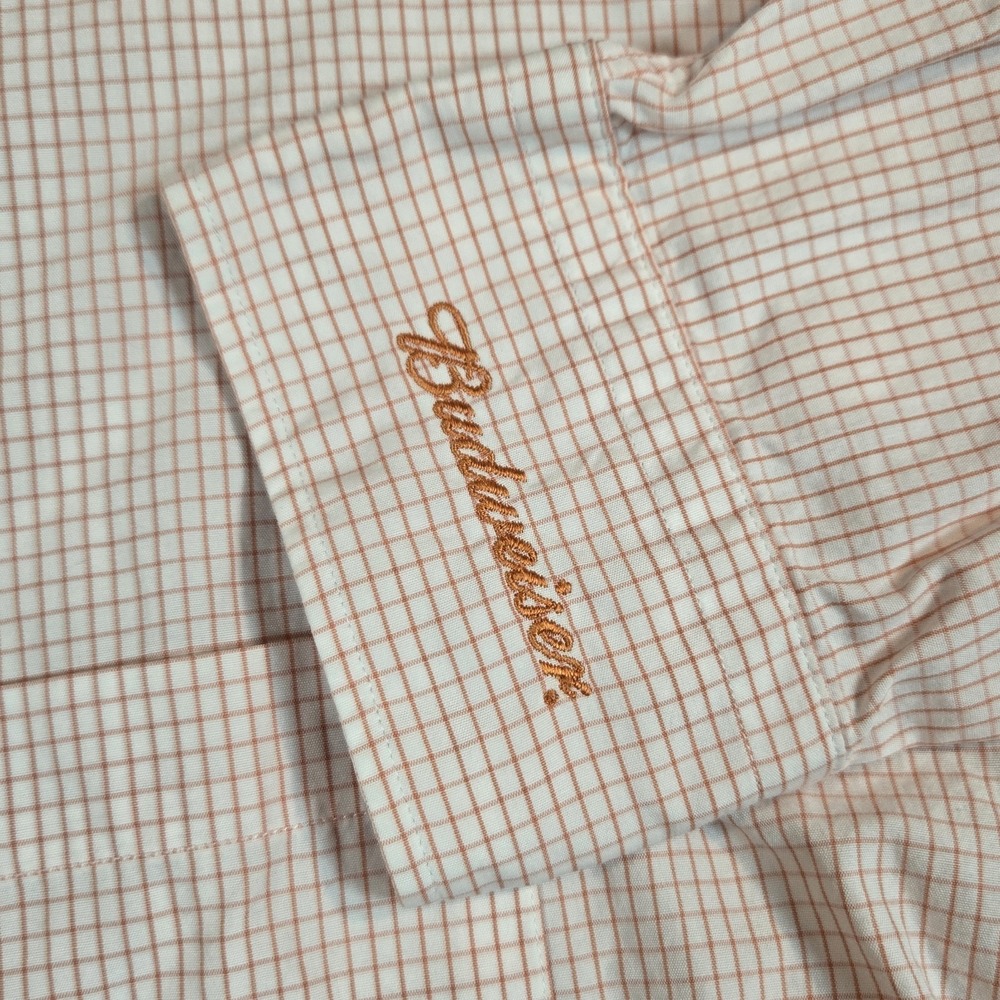 Anheuser Bush Budweiser Mens Sise L Orange Checked Button Down Dress Shirt - Picture 3 of 9